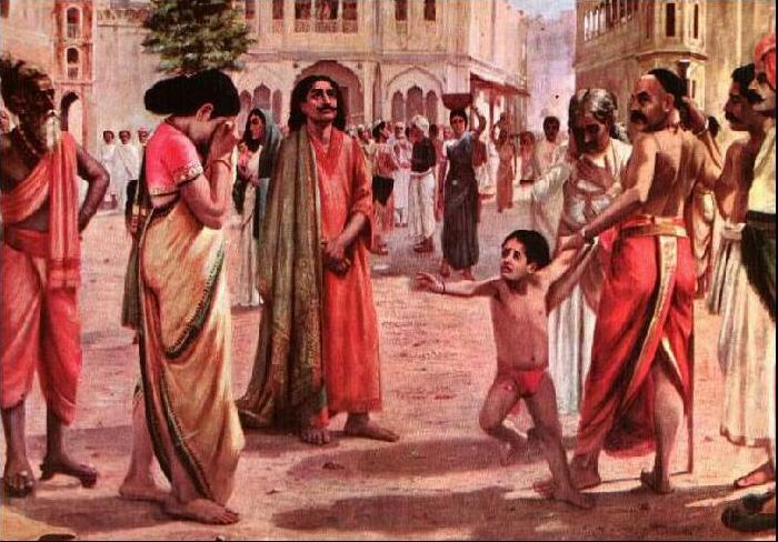 Raja Ravi Varma Harischandra in Distress, having lost his kingdom and all the wealth parting with his only son in an auction France oil painting art
